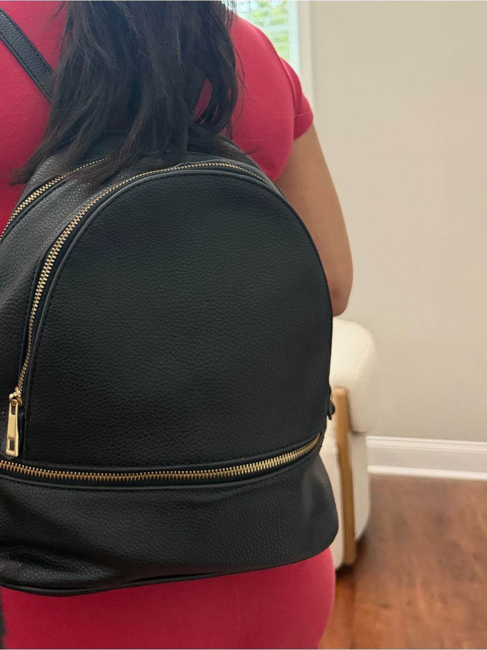 Women's Black Faux Leather Backpack with Gold Zippers